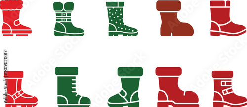 Collection of red and green winter boots icons footwear