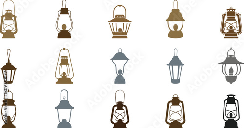 Collection of vintage lantern icons in brown and grey