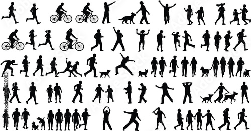 Large collection of active people silhouettes in action, running, walking, cycling, playing, isolated vector illustration set on white background.