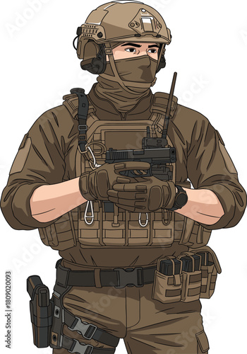 Special forces soldier illustration in brown tactical gear, holding weapon, wearing helmet and mask, isolated vector on white.