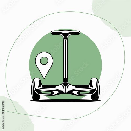 An electric scooter is depicted in the center with a location marker, symbolizing transportation and modern mobility in urban environments and eco-friendly commuting trends.