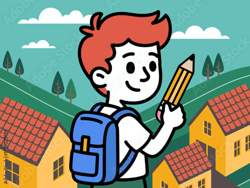 A cheerful child with a backpack joyfully holds a pencil amidst a vibrant landscape, representing creativity, learning, and childhood innocence in a playful setting.