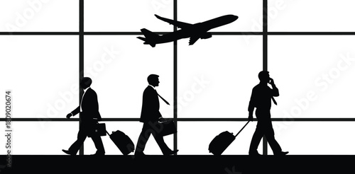Silhouette vector of three businessmen walking with luggage in airport terminal with airplane taking off through large window background.