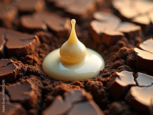 Single vanilla drop falls on dry chocolate surface.