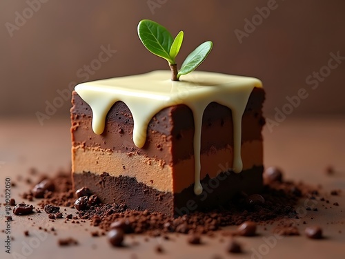 A soil layer made of chocolate is covered with melting vanilla.