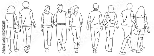 Couples and group of walking  business people, vector silhouettes of men and women, front and back view, profile, hand draw, linear sketch, black and white color, isolated on white background