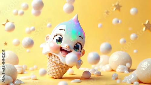 Funny ice cream with bright face against yellow background, featuring light spheres and gold stars. Funny ice cream and cream balls create playful, delicious scene,