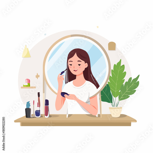 Illustration of a young woman applying mascara in front of a round mirror, part of a daily morning beauty routine and self-care