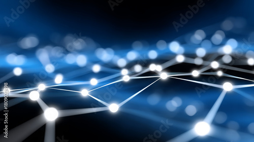 Abstract digital network illustration with glowing nodes and connecting lines, showcasing technology and connectivity in a vibrant blue and black background, representing modern communication