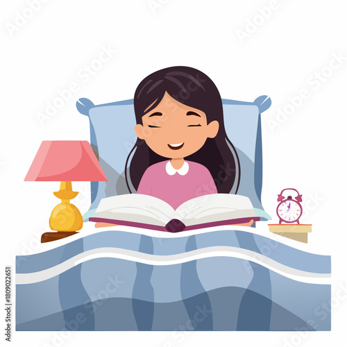 A happy little girl reading a storybook in her cozy bed before sleep, with a warm bedside lamp