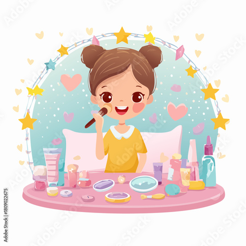 Cheerful young girl vlogger doing a makeup tutorial, surrounded by various beauty products in a playful and colorful setting with hearts and stars