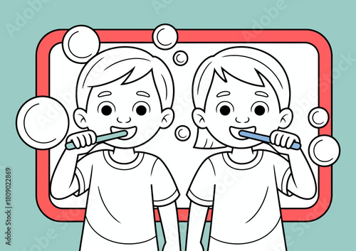 A cheerful illustration of two kids happily brushing their teeth with bubbles around them, promoting dental hygiene and the importance of oral care in a fun way.