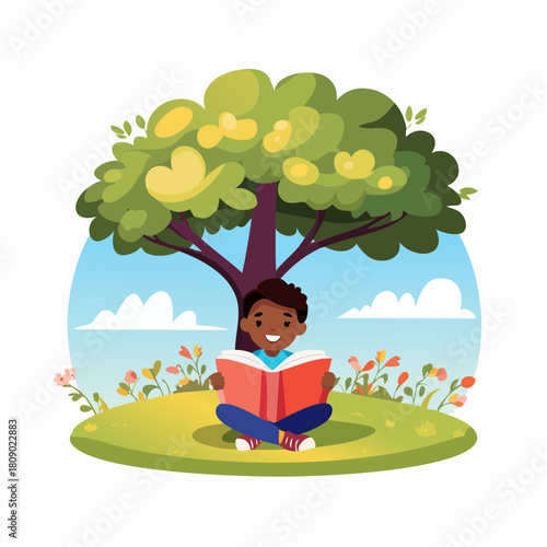 Smiling boy happily reads a captivating storybook under a lush tree in a vibrant meadow, symbolizing peaceful outdoor learning and childhood imagination