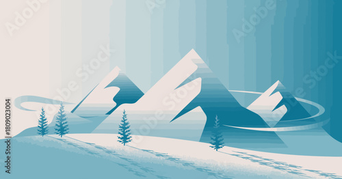 An abstract representation of a serene mountain landscape featuring cool blue tones, evoking a sense of calm, tranquility, and the stunning beauty of nature's formations.