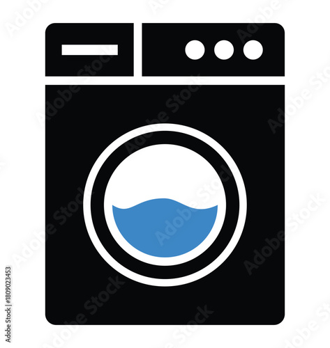 Front-loading washing machine icon with blue water inside the drum, representing laundry, household chores, appliance repair, and cleaning services