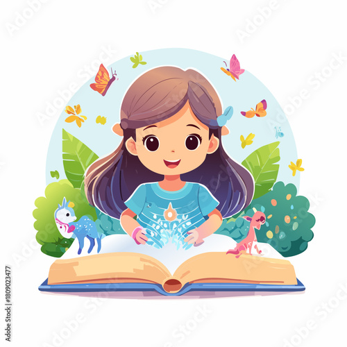 A young girl immersed in a story as magical light creatures and butterflies flutter around an open book, symbolizing imagination and wonder