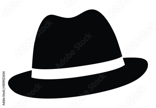 A classic fedora hat silhouette with a white band, representing style, fashion, vintage clothing, and gentleman's formal accessory