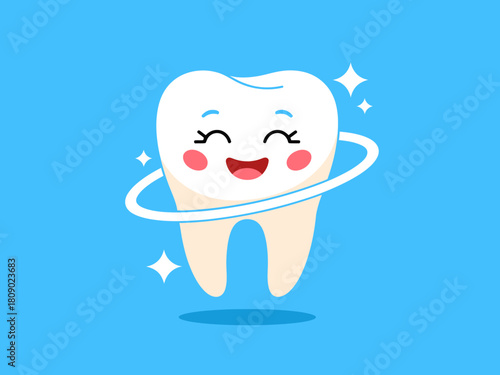 A delightful cartoon-style tooth character depicted with a joyful expression, surrounded by sparkles, promoting dental health in a playful and friendly way for all ages.