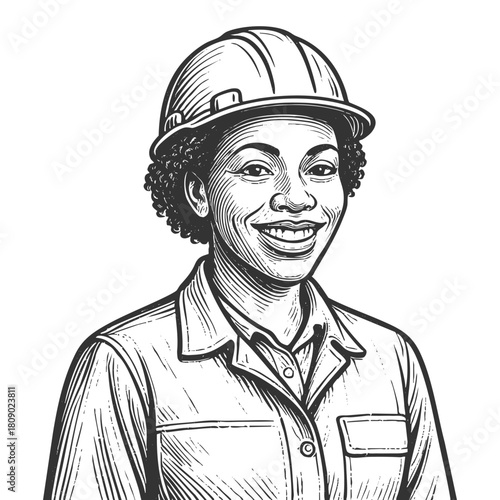 smiling woman in overalls and hard hat, representing strength, labor, and gender equality in construction sketch engraving generative ai fictional character vector illustration. Black and white.