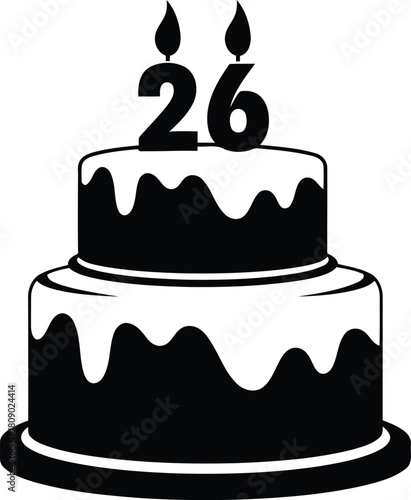 Black and white birthday cake with candles for twenty sixth birthday