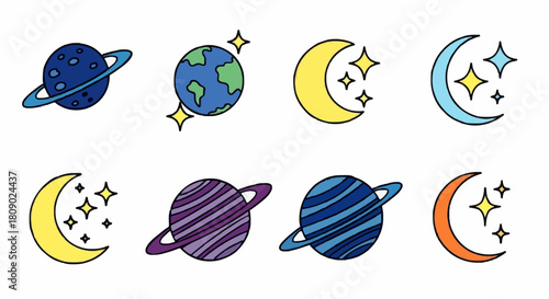 Eight colorful cartoon illustrations of planets, moons, and stars representing celestial bodies in space.