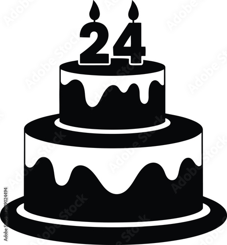 Black and white birthday cake with number twenty four candles