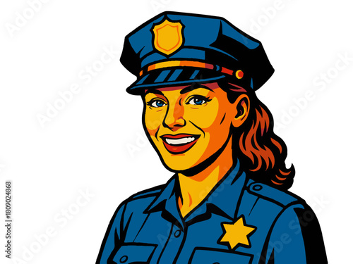 cheerful female police officer in uniform and hat, ideal for law enforcement, safety, and service themes. Generative ai vector colorful pop art illustration.