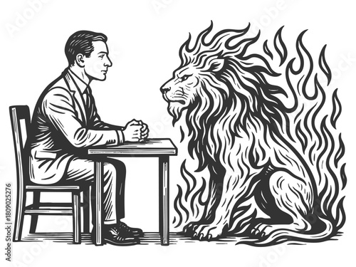 businessman calmly sitting at a table across from a roaring lion surrounded by flames, courage and confronting inner power sketch engraving generative ai vector illustration. Scratch board.
