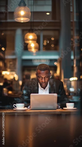 A Black male businessman checking emails on a laptop in a coffee shop