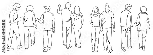 Couples and group of walking  business people, vector silhouettes of men and women, front and back view, profile, hand draw, linear sketch, black and white color, isolated on white background