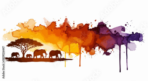 Watercolor splatter splash depicting African savanna with elephants, tree silhouettes, and vibrant sunset colors. (f