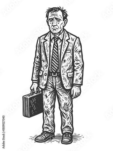 disheveled businessman holding a briefcase, representing stress, burnout, and hard times sketch engraving generative ai fictional character vector illustration. Scratch board. Black and white image.