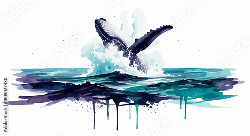 Watercolor Splatter Splash Whale Breaching the Ocean Waves Illustration