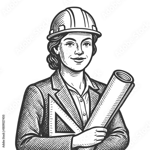 woman engineer in a hard hat, holding architectural plans and a drafting triangle sketch engraving generative ai fictional character vector illustration. Scratch board imitation. Black and white image