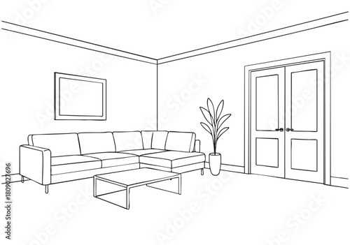 Sketchy linear illustration of living room interior with door