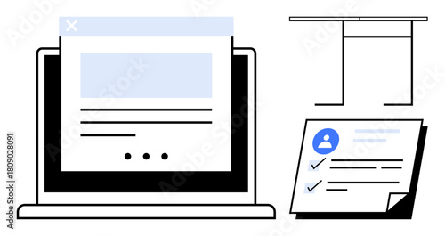 Laptop displaying webpage, document checklist with user avatar, and bar chart framework. Ideal for online surveys, user feedback, data organization, customer experience, analytics, remote work