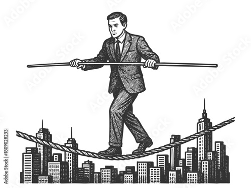 businessman walking a rope above skyscrapers with a pole, symbolizing career pressure and life balance sketch engraving generative ai vector illustration. Scratch board imitation. Black and white.