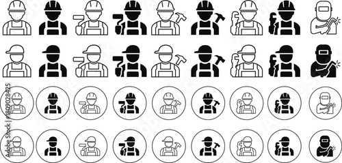 Construction worker icon set builder plumber painter welder engineer maintenance labor character vector pack, black and white and solid professional industry tool avatar symbols for service and repair