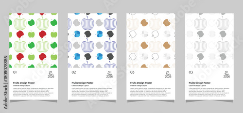Colorful and minimalist apple pattern designs on white backgrounds