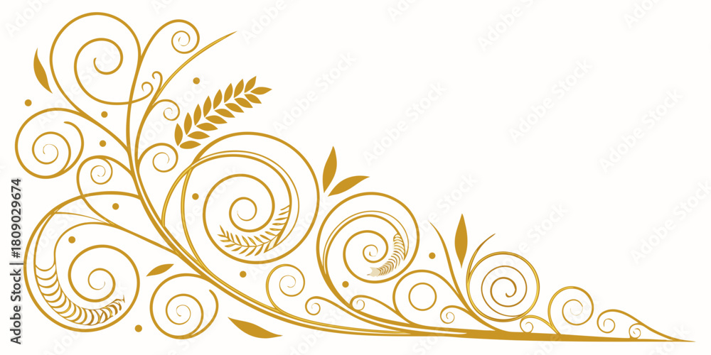 Fototapeta premium Decorative golden floral corner ornament with swirls and wheat ears isolated on white background