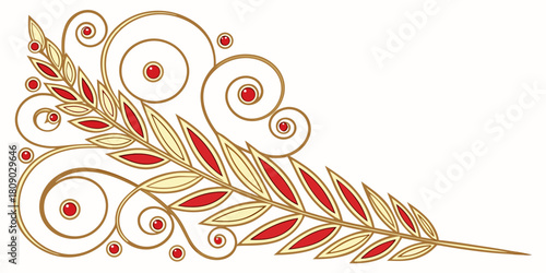 Rich gold and red vector corner ornament with decorative feather or laurel sprig, swirling lines, and red berry accents.