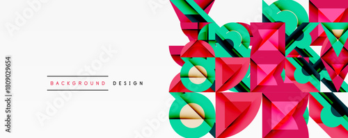 Abstract geometric shapes, vibrant colors, modern design. Pink, green elements create dynamic composition. Clean background enhances visual impact.