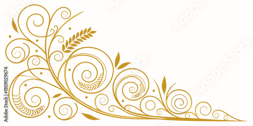 Decorative golden floral corner ornament with swirls and wheat ears isolated on white background