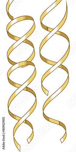 Pair of shiny metallic golden serpentine ribbon vectors, twisted into tall, parallel, double helix spirals for a decorative effect.