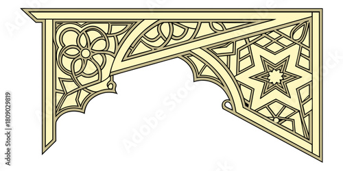Elegant vector corner decoration in gold, combining arabesque floral patterns and intricate geometric star motifs over a stylized arch.