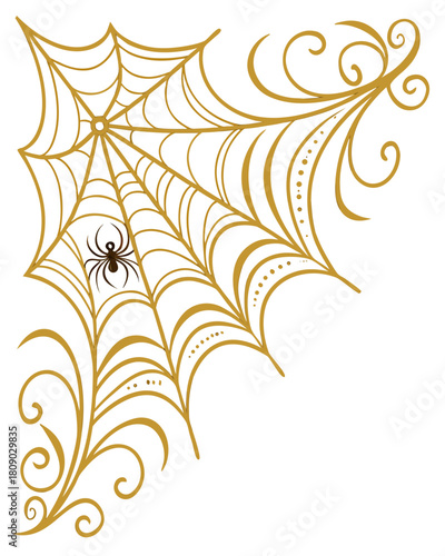 Decorative corner vector illustration featuring a stylized spider web and a small spider, integrated into elegant golden swirls and ornamental line-work on a white background.