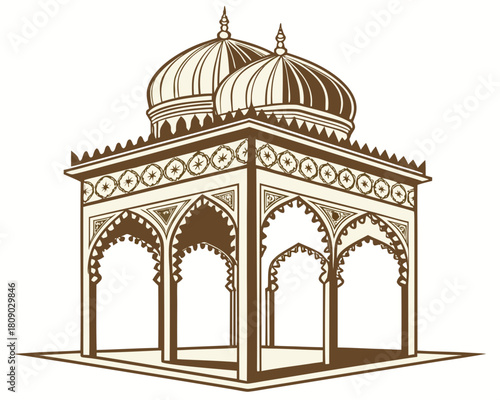 Vector illustration of an ornate Islamic or Moorish architectural pavilion featuring twin domes, multiple arches, and intricate geometric decoration.