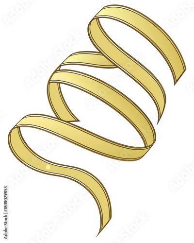 Smoothly flowing metallic gold serpentine ribbon vector, gracefully twisted in a balanced, horizontal spiral coil.