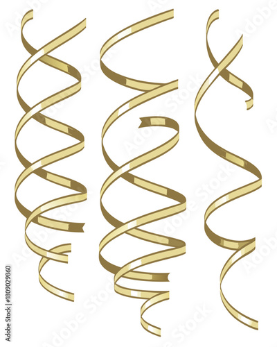 Set of three luxurious metallic gold serpentine ribbon vectors twisted into various spiral and coiled decorative shapes.