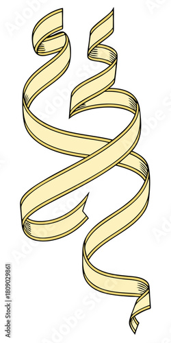Long, pale golden serpentine ribbon vector, gracefully twisted and flowing vertically, with a slight vintage appearance.